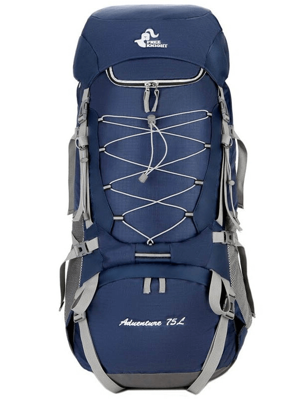 Hiking large capacity blue backpack with rain cover and adjustable straps, SF0296. Perfect for outdoor adventures and waterproof protection.